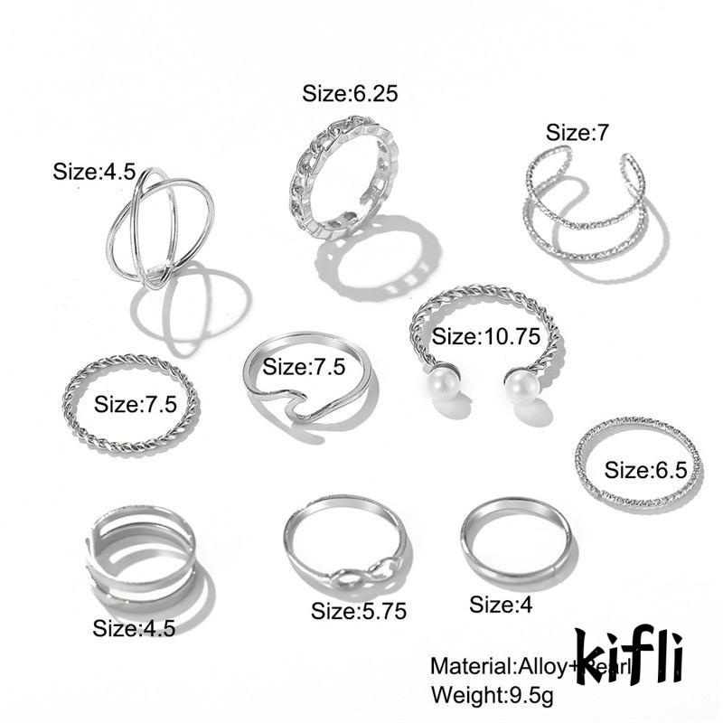 10pcs / Set Cincin Geometris Manik-Manik Mutiara Ganda Gelombang Untuk Wanita