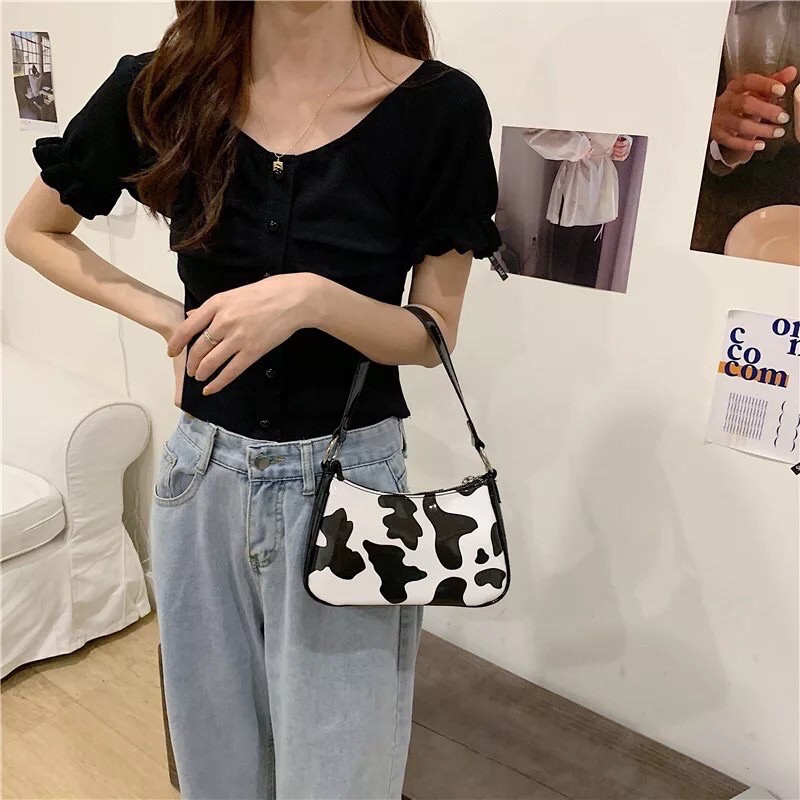 TAS BAHU MOTIF SAPI ANIMAL GLOSSY PEGGY COW BAG SHOULDER BAG GLOSSY CANTIK TAS WANITA AESTETHIC