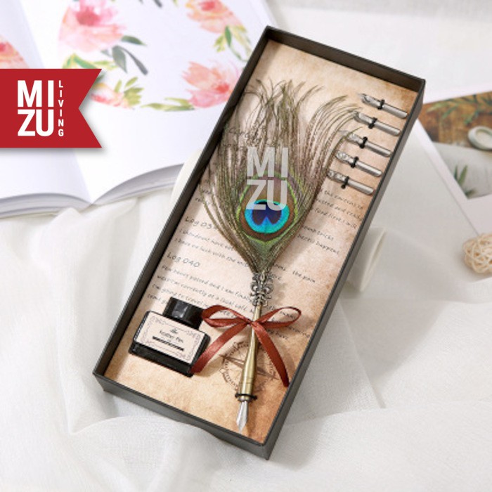 MIZU HANEPEN Calligraphy Set Kaligrafi Feather Quill Dip Pen Bulu 6 Steel Nibs 1 Ink Tinta