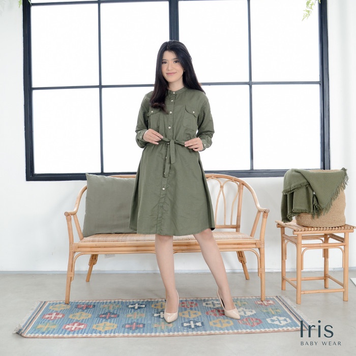 Midi Dress Tunik Atasan Wanita - Anna Dress Army/Olive - Iris(N6F6) midi dress putih VINTAGE MINI DR