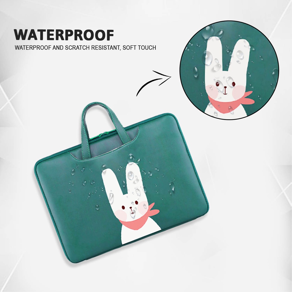 Sleeve Pouch Sarung Tas Bag Case Ipad Tab Tablet Macbook Air Pro Laptop Asus Acer Lenovo HP Huawei 11 12 13 14 15 inch Motif Gambar Rabbit Kelinci Bunny Warna Hijau Lucu Cute Murah Korean Model Jinjing Tali Strap