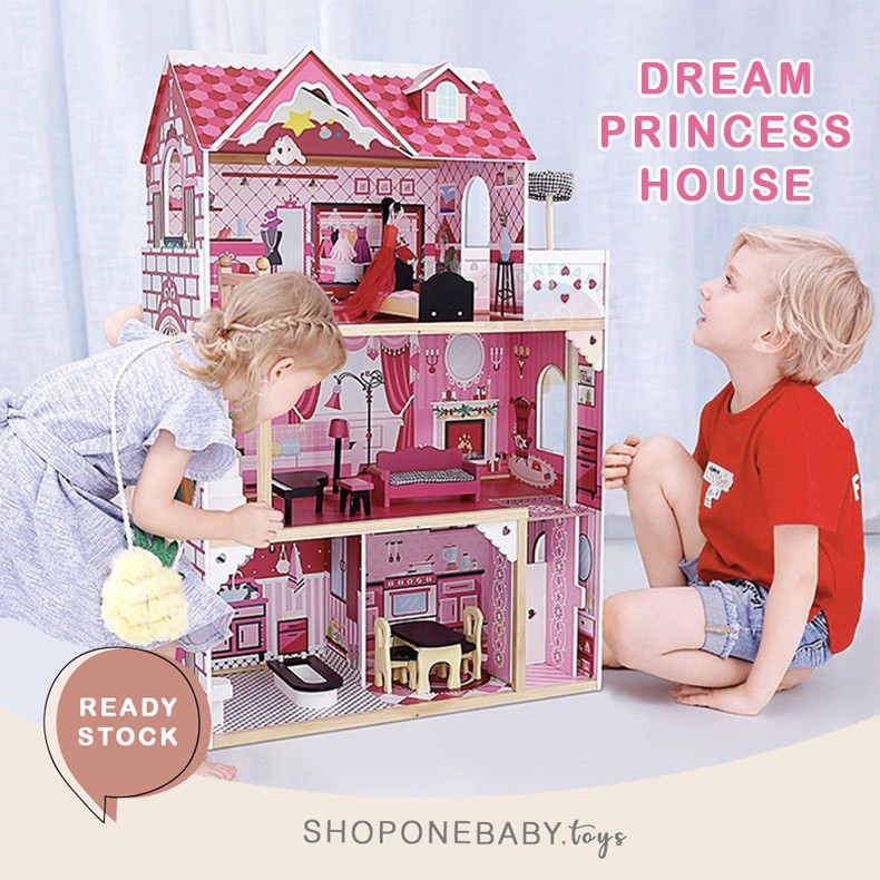 INSTAN BIG 120cm Large Size 3 Floors Wooden Doll House Toy Mainan Kayu Anak Rumah Boneka Besar Jumbo Barbie