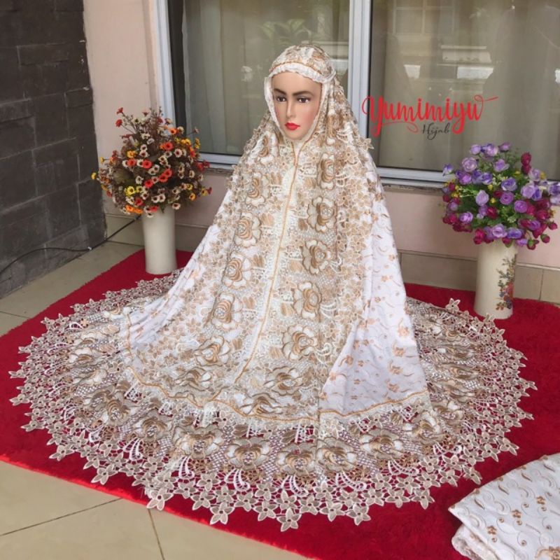 MUKENA MEWAH MUKNAH DEWASA JUMBO SUTRA PREMIUM PRADA MOTIF BORDIR TERBARU 2021 TELEKUNG PUTIH JILBAB