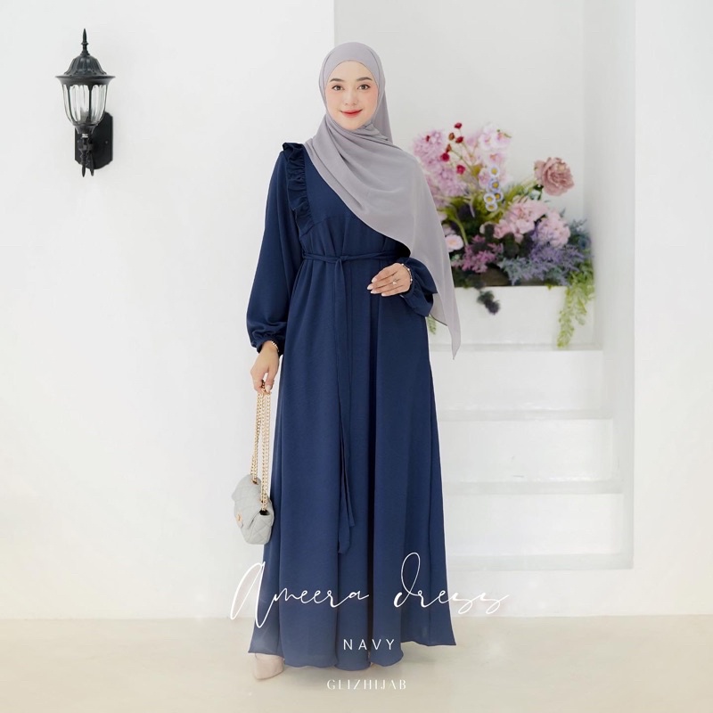 GlizHijab | Ameena Dress | Gamis Remaja Muslimah Terbaru Fashion Wanita Gamis Cringkle Ukuran XS - JUMBO-Navy