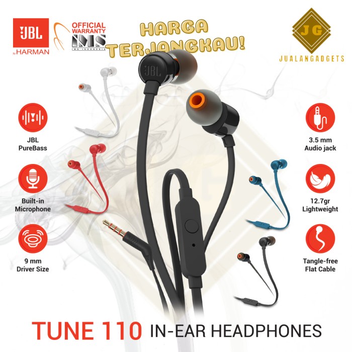 JBL Tune 110 In-Ear Headset - JBL T110 Earphone - Garansi Resmi - Putih