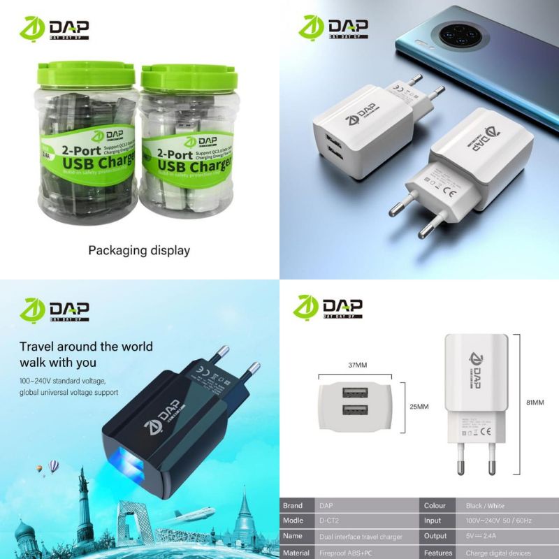 Adaptor Charger DAP D-CT2 2USB 2.4A Batok Charger DAP D-CT2 2USB Kepala Casan DAP 2USB D-CT2 ORI