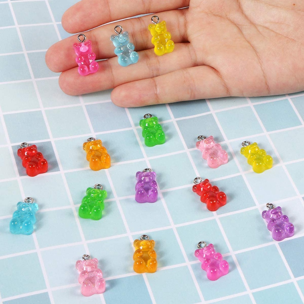 50Pcs DIY Mini Candy Color Resin Bear Charms Pendant/Gummy Bears Keychain Necklace Making Crafting Decoration Dollhouse