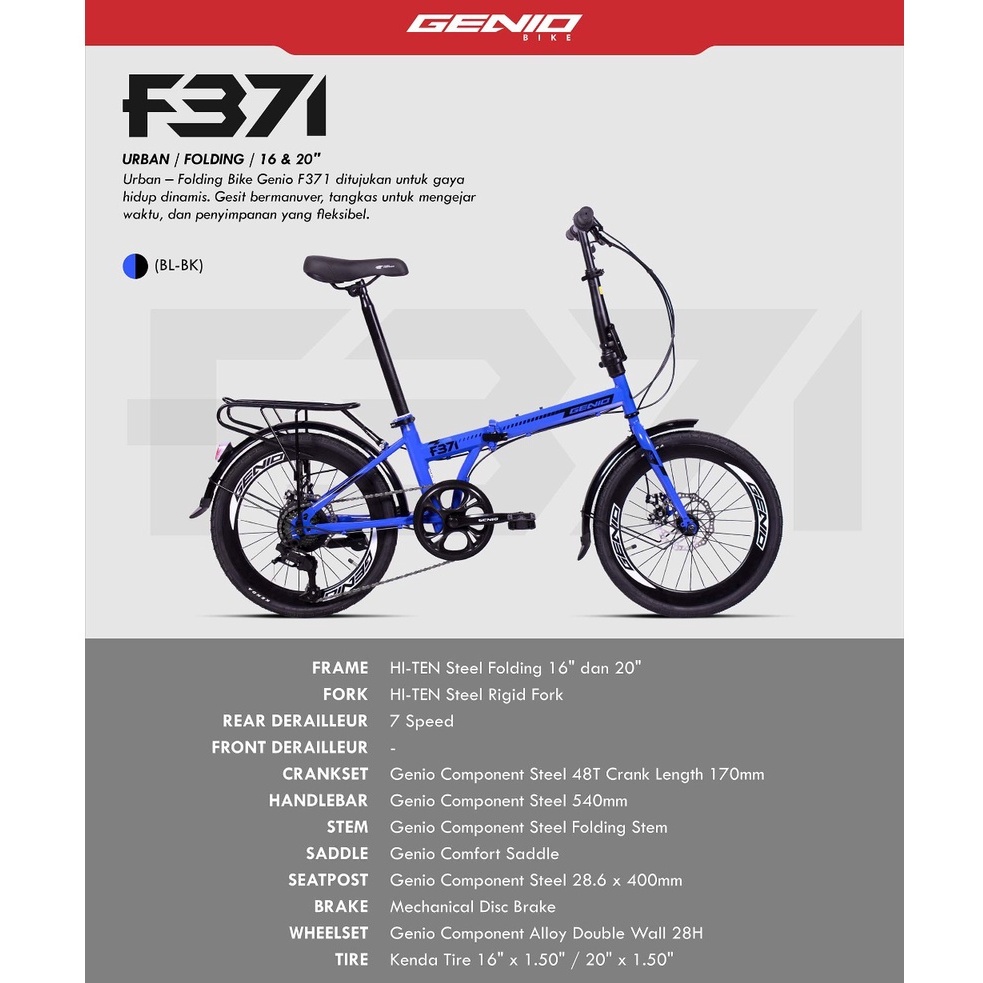 Sepeda Lipat Genio F371 F 371 mirip lunox Folding 16 Inch dan 20 Inch 7 speed SNI garansi resmi kirim seindonesia bisa cod cash kredit hitam biru kining silver abu grey blue black boncengan rem cakram-4