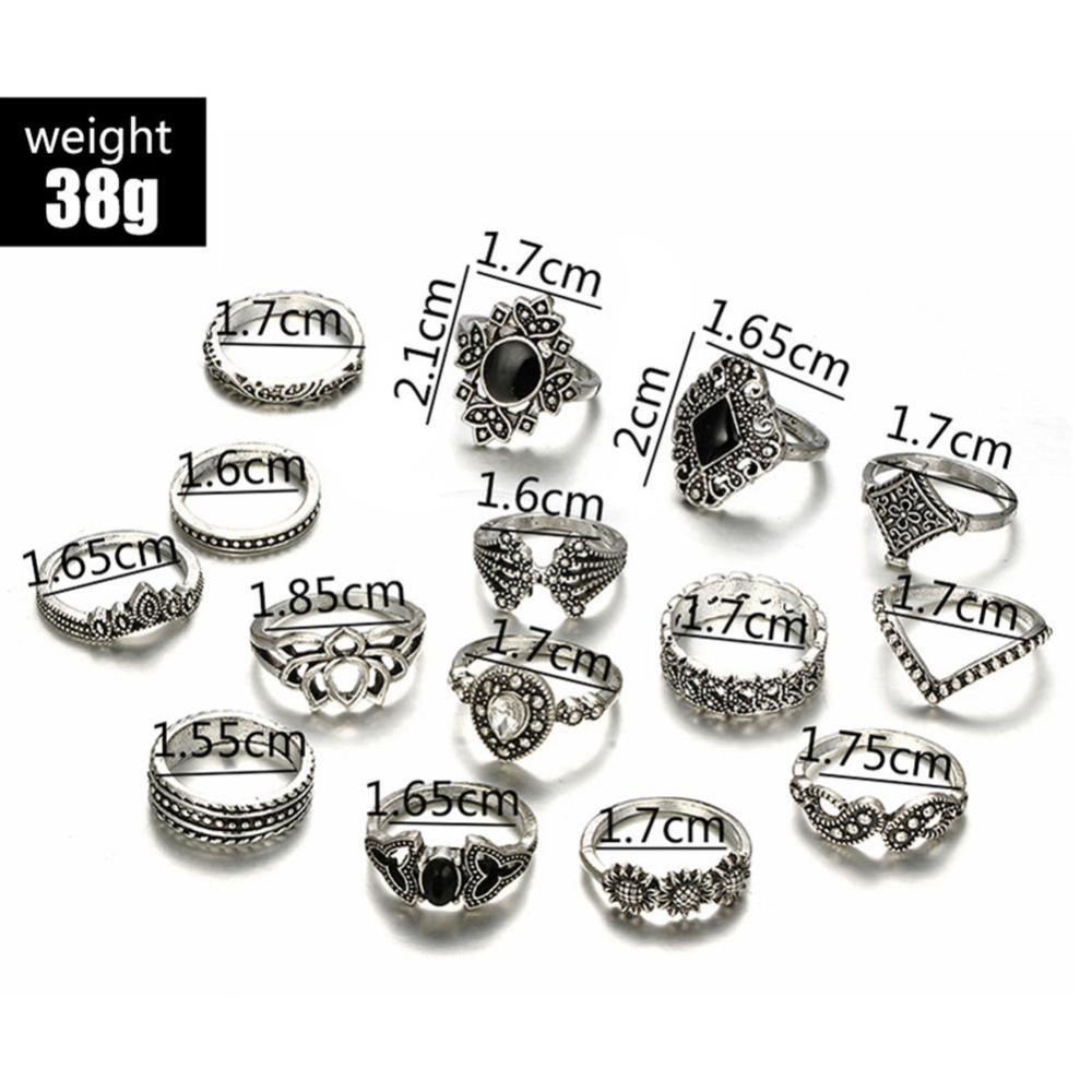 Timekey 15pcs / set Cincin Desain Bunga Matahari / Teratai / Geometri Hollow Hias Permata Hitam A6K6