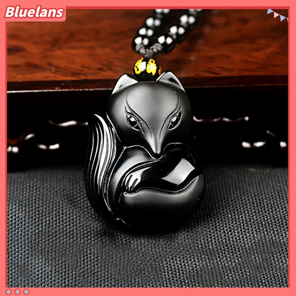 Kalung Rantai Liontin Manik-Manik Ukiran Rubah Obsidian Untuk Unisex