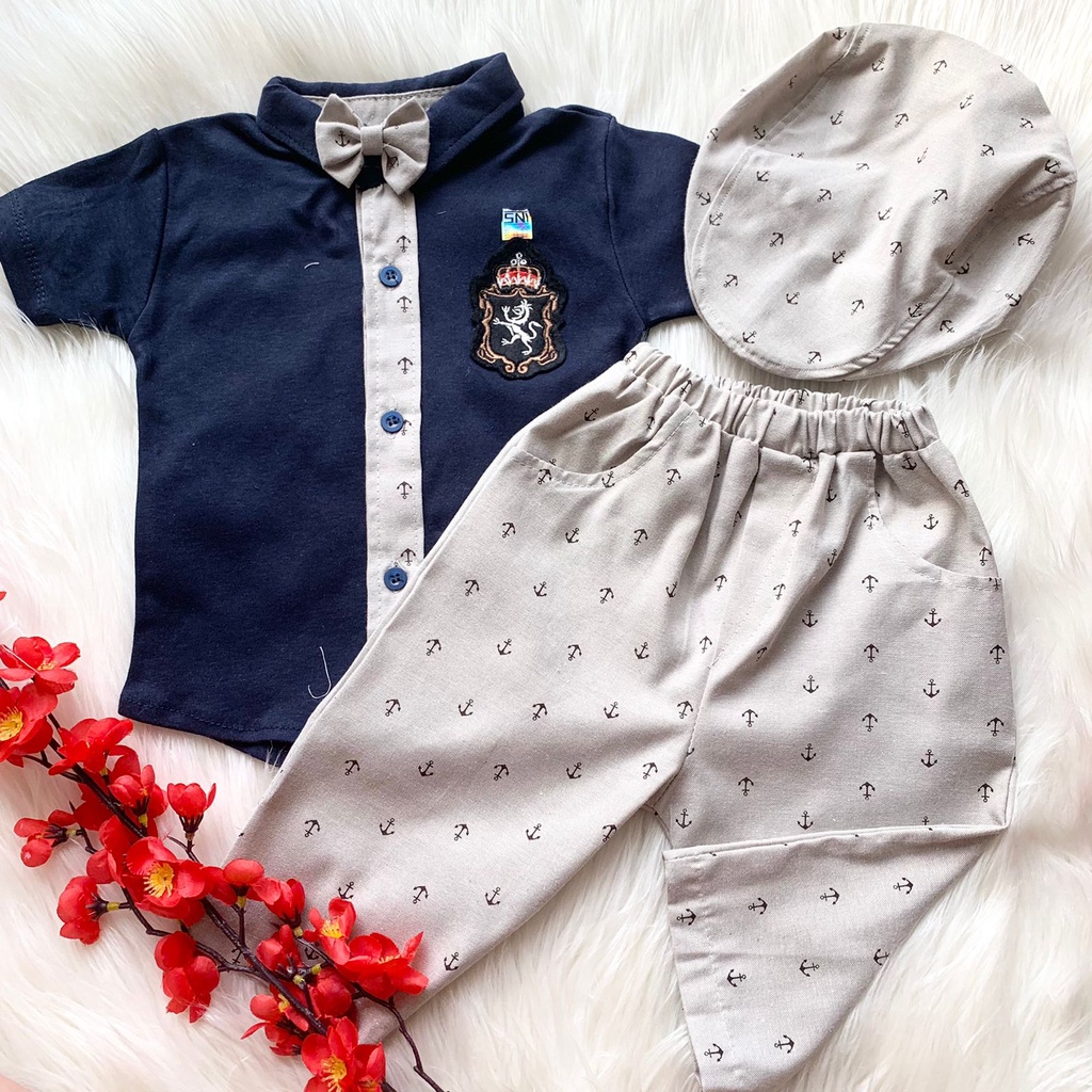 Baju setelan kemeja celana motif bagus pergi jalan fashion anak bayi cowok laki murah -bab