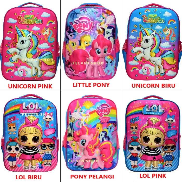 tas ransel anak perempuan   sekolah sd unicorn lol little pony 3d   unicorn pink terbaru 2022 import