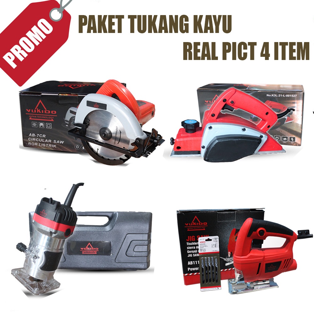 Paket Tukang Kayu [4 ITEM] Mesin Serut Kayu Yukido + Mesin Pembelah Kayu/Circular Saw 7&quot;+ Mesin Gergaji kayu Jig Saw + Trimmer Kayu ukir 6mm YUKIDO trimer tahan panas By Yukido japan