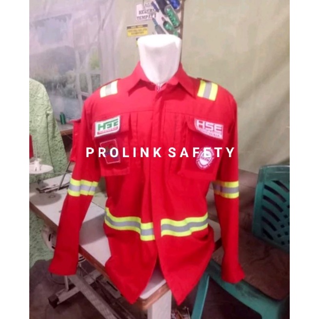 SERAGAM SAFETY MERAH HSE ATASAN KANCING DAN RESLETING FULL LOGO EMBLEM