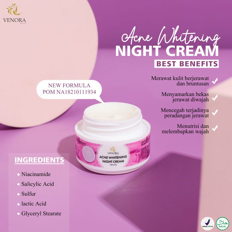 Night Cream Acne Whitening Venora krim malam untuk kulit berjerawat putih bersih glowing