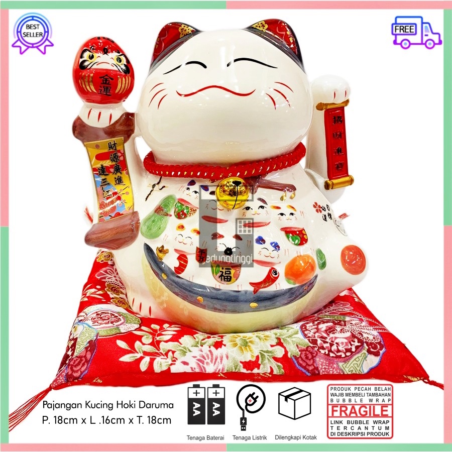 Patung Pajangan Hiasan Boneka Dekorasi Kucing Panggil Hoki Rejeki Rezeki Daruma Lucky Cat Maneki Neko Maneko Neki Jepang Cina China Tangan Goyang Gerak Bergerak Keramik Ceramic Ukuran Medium Sedang Besar Murah Baterai Batre Batrai Listrik Toko Kasir Cafe