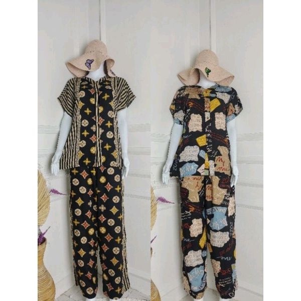 kerah neck v pendek panjang set piyama wanita setcel rayon motif pendek panjang set rayon setelan rayon