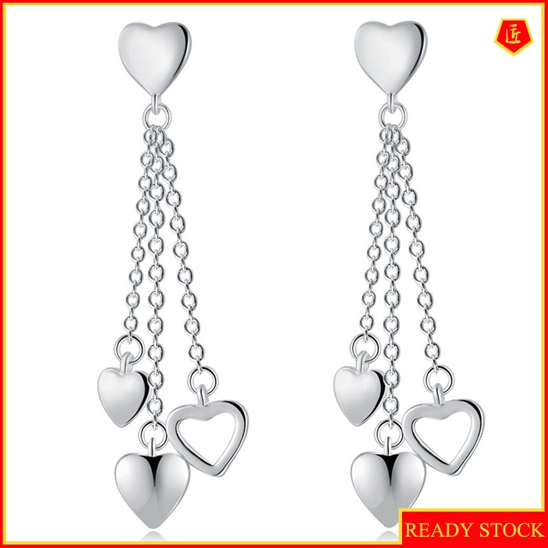 [Ready Stock]925 Silver Long Hanging Three Heart-Shaped Tassel Earrings