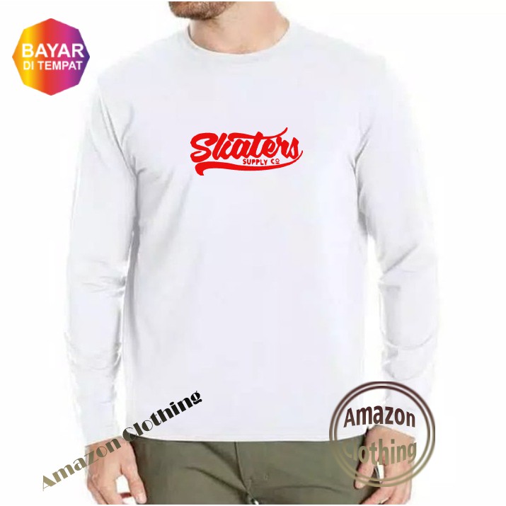 Amazon Clothing Kaos Distro Lengan Panjang Skaters Premium Text Merah T-Shirt Pria Wanita