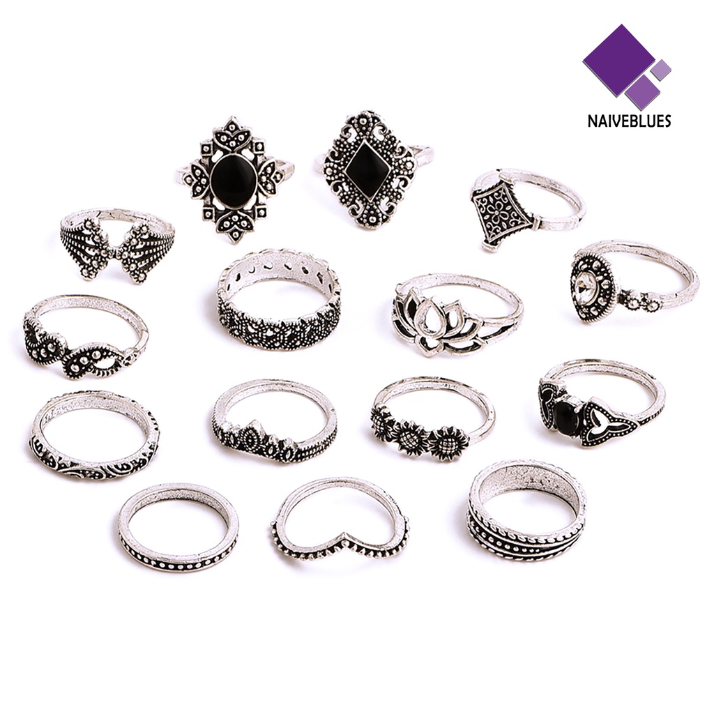 15pcs / Set Cincin Jari Stacking Permata Imitasi Model Bunga Matahari Teratai Hollow Untuk Wanita