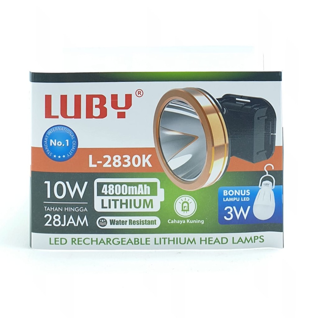 Luby L-2830K 10W WW Kuning Bodi JUMBO Senter Kepala Cahaya Kuning Lithium 4800mAh + Led 3W