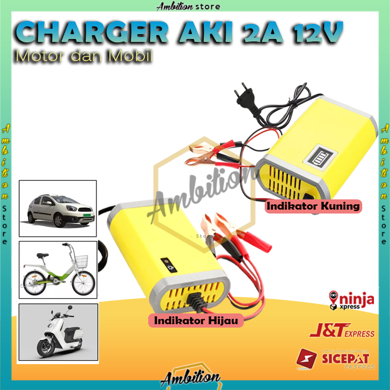 Alat Cas Aki /Car Truck Motorcycle Battery Charger 12V 2A [BISA COD] Varian Hijau / Kuning