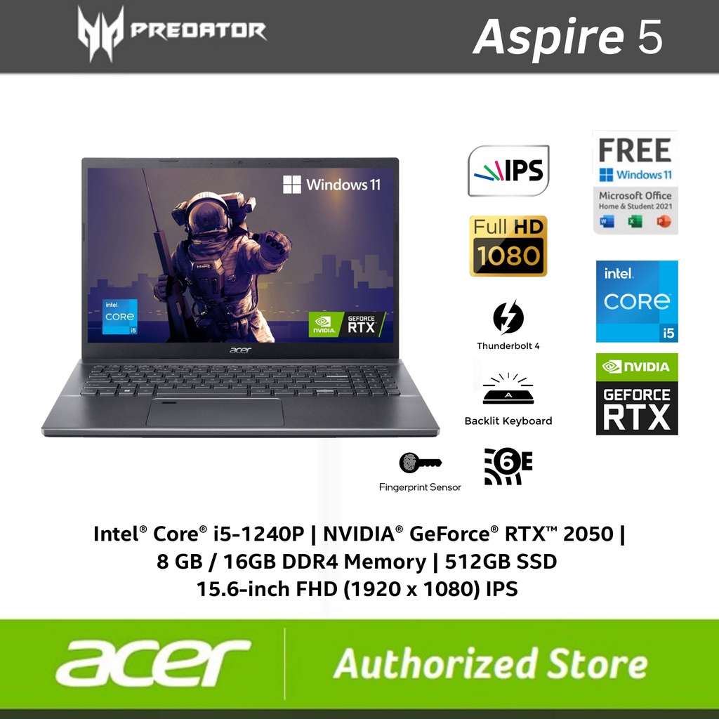 ACER Aspire 5 A515-57G i5-1240P RAM 8GB/16GB SSD 512GB 15.6&quot; FHD RTX 2050 W11 OHS