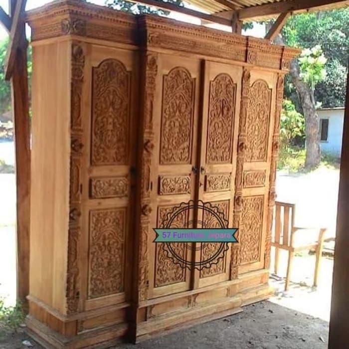 Lemari pakaian jati mentahan pintu 4 almari motif gebyok ukir Jepara