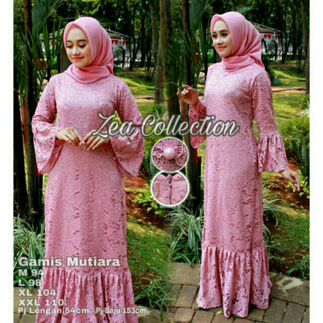 Set Gamis brukat mutiara lengan balon terkini