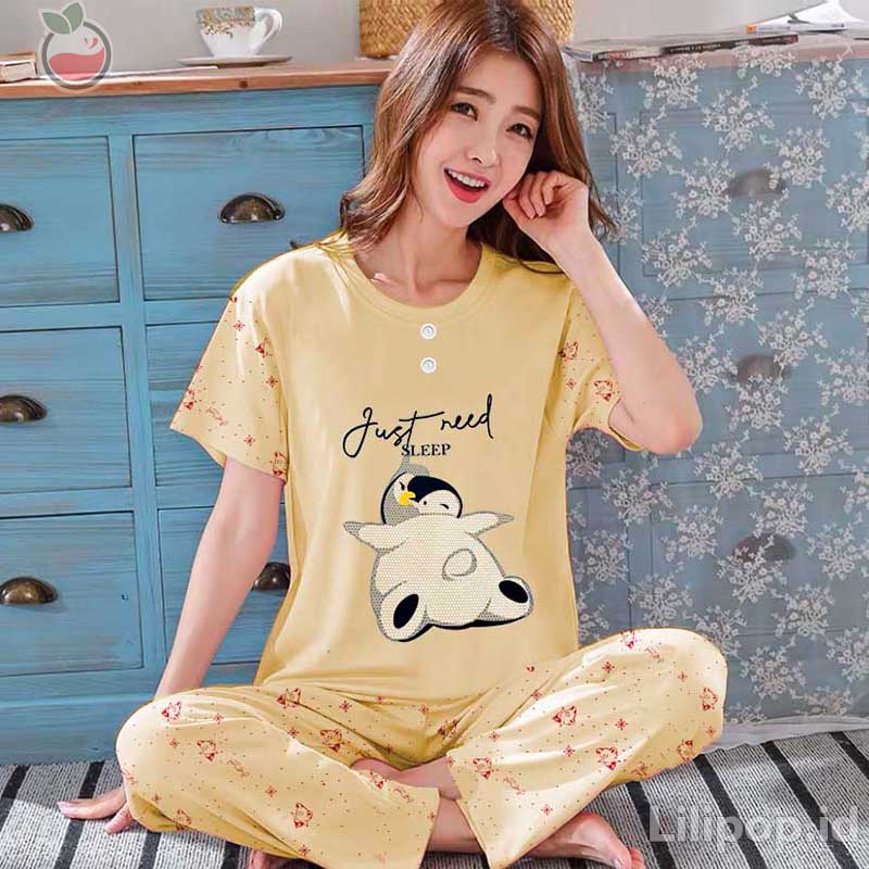 Lilipop.id  Baju Tidur Wanita CP Need Sleep Setelan Piyama BabyDoll Kaos Celana Panjang