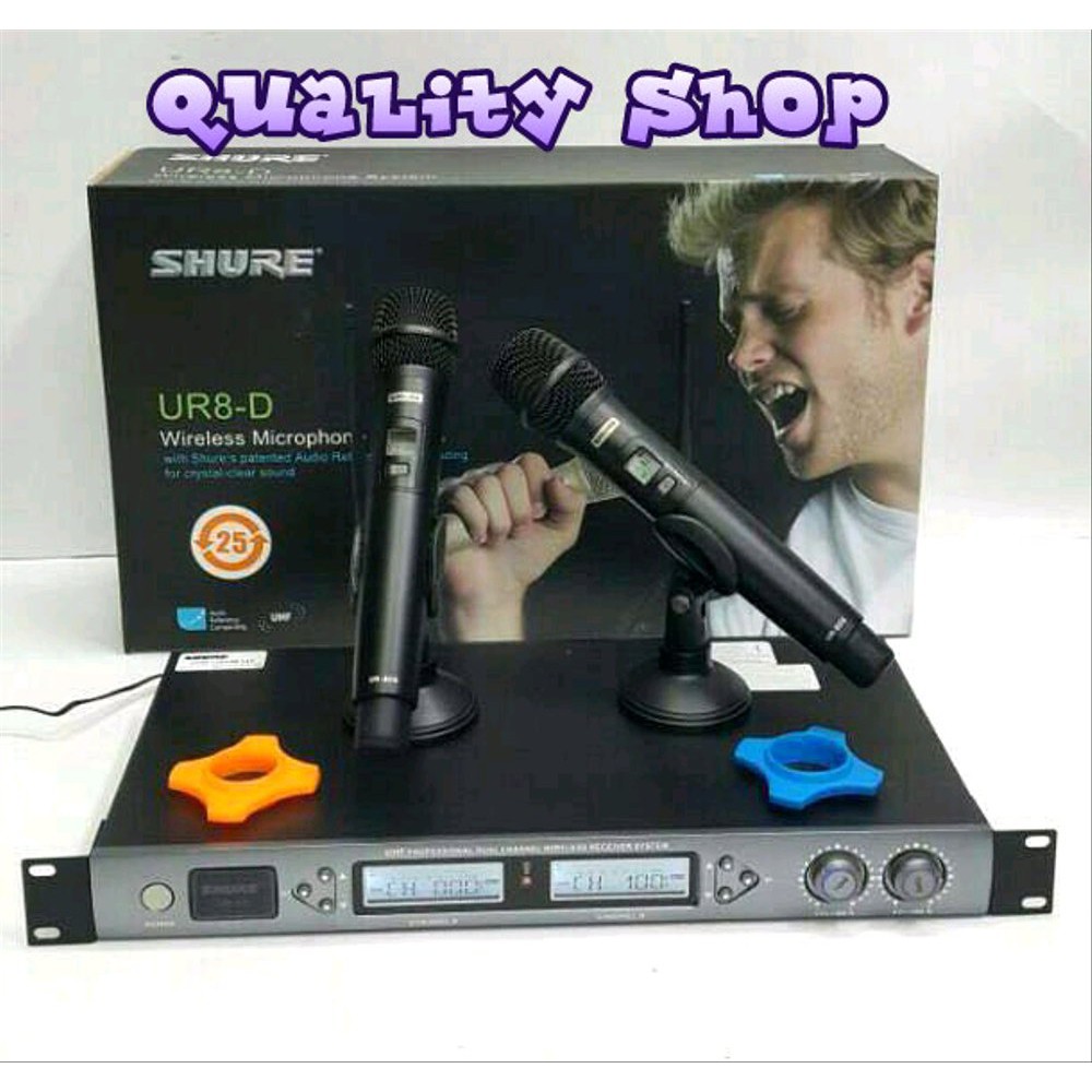 Up to 20%  MIC SHURE UR8-D 2 MIC PEGANG BISA GANTI FREQUENSY JARAK BISA 100M  Terlaris