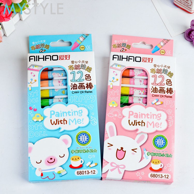 CRAYON SET OIL PASTEL 12 WARNA PENSIL WARNA ALAT MEWARNAI ALAT LUKIS ANAK PINK BIRU