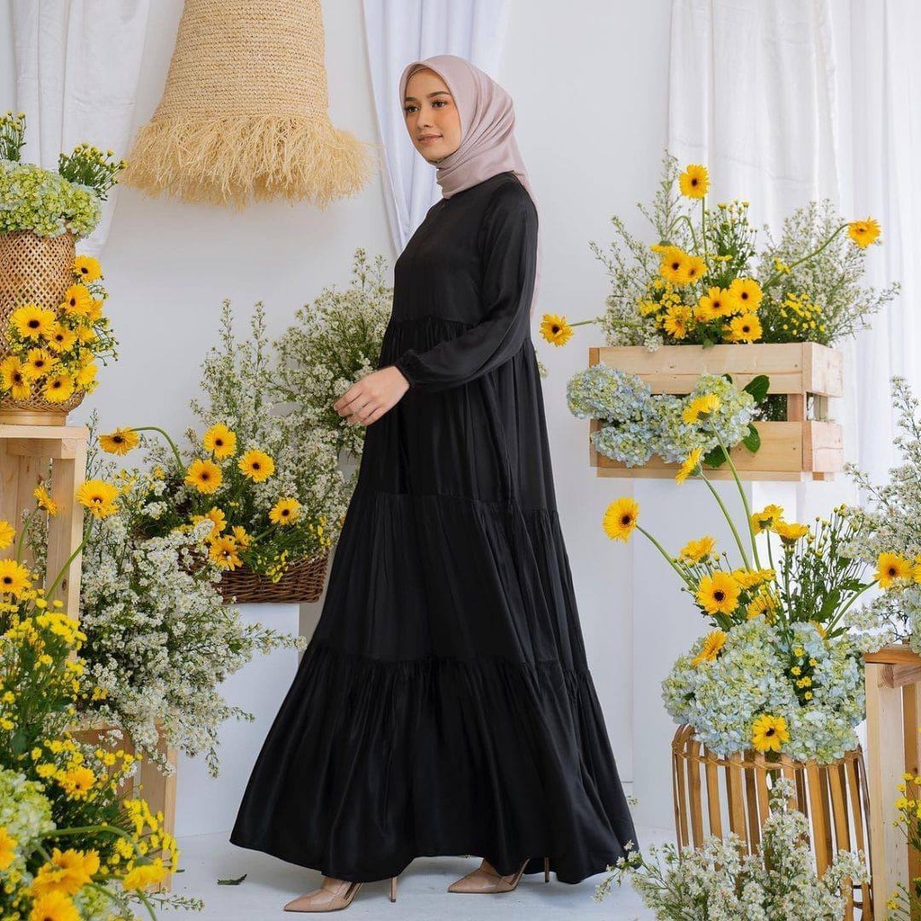 Mega Iskanti Dress Wanita Armani Silk Gamis Terbaru Lengan Panjang Karet Rufel Fashion Muslim Kekinian LD 105 cm