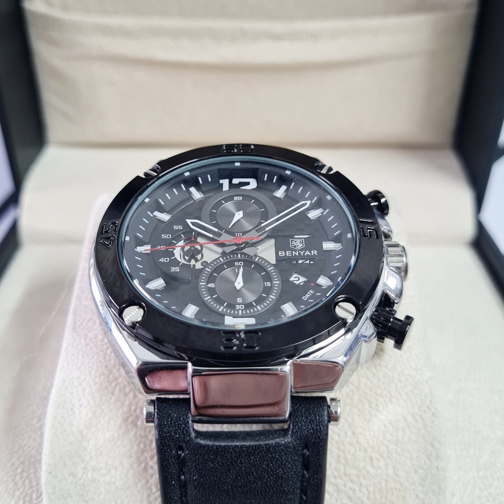 Jam Tangan Pria Original BENYAR Fortune Navy Tali Hitam B Kulit Leather Analog Quartz Chrono Aktif