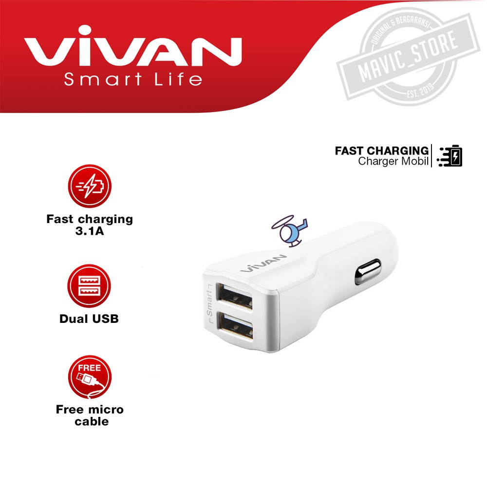 Charger Mobil Vivan CC02S 3.1A Car Charger Fast Charging Dual USB Port White