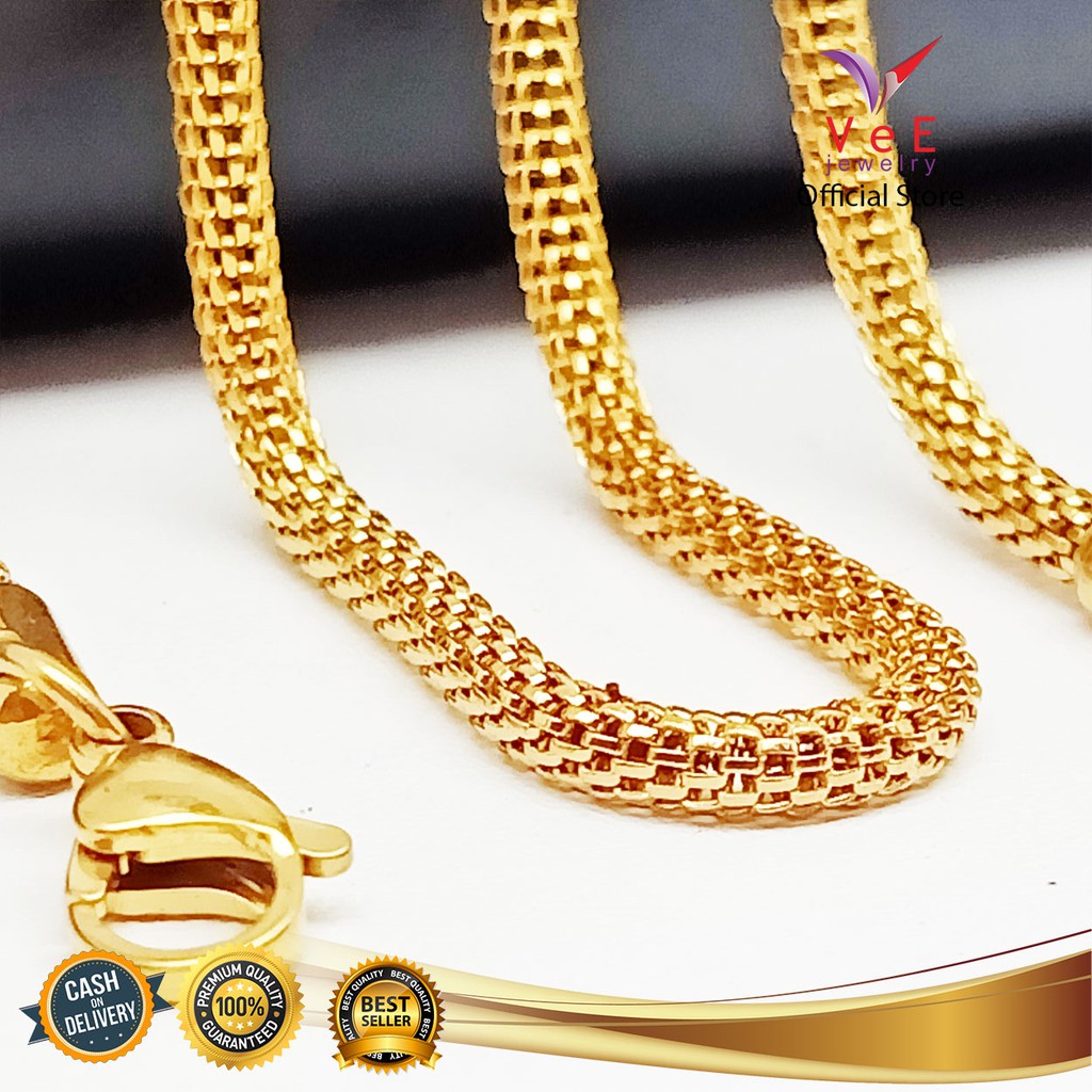 Kalung Titanium Asli Rantai Rajutan Bulat Emas 60cm - VeE Kalung Pria Wanita