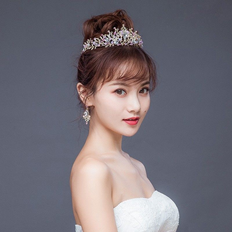 FerenHongXia Banfo tiara handmate+anting tusuk kristal warna emas pink