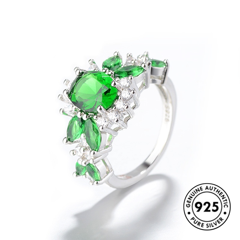 Cincin Sterling Silver 925 Dengan Batu Emerald Elegan Untuk Wanita