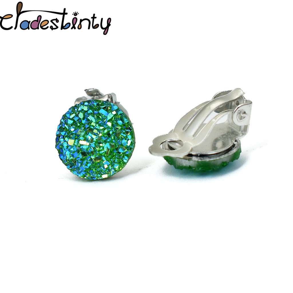 Chadestinty Anting Klip Tanpa Tindik Bentuk Bulat Bahan Resin Warna Silver / Biru / Putih Untuk Wanita