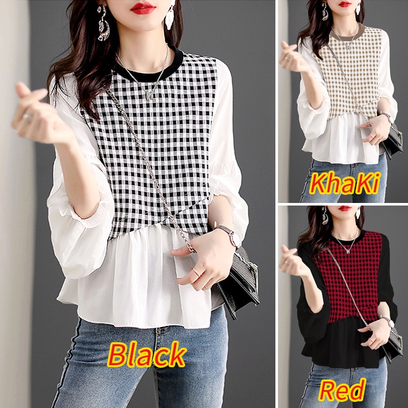 ZANZEA Ladies Fashion Korean Style Women Blouse Crew Neck Grid Spliced Holiday Club Casual Office Tops Shirt