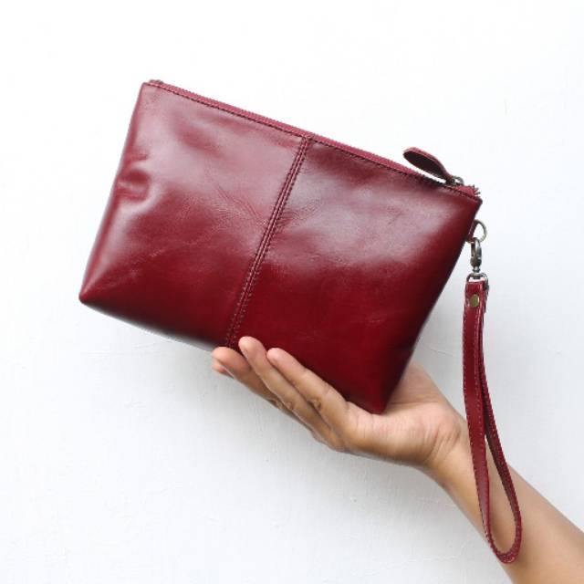 CLUTCH WANITA KULIT ASLI HELLENA MERAH MAROON / FREE GRAVIR NAMA