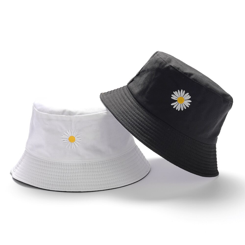 Topi Bucket Dua Sisi Anti Uv Motif Bordir Bunga Daisy Bahan Katun Twill / Bucket Bordir Bunga