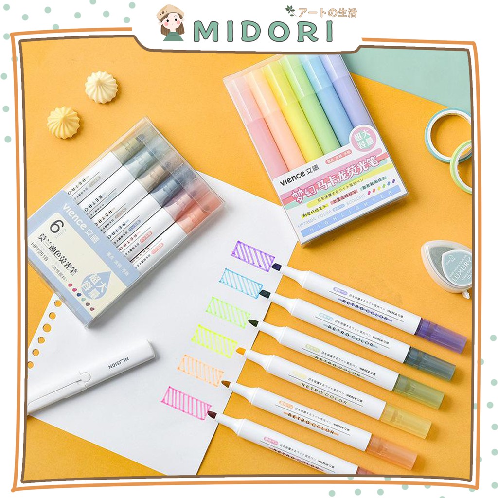 

[MIDORI] 6 Pcs VIENCE Highlighter Retro Color Pastel Color - D0020