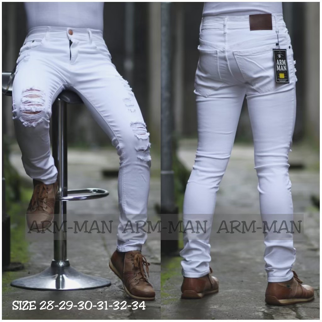 [COD]  Celana Jeans Pria Sobek Lutut Ripped putih/Celana Jeans Panjang Pria Riped Sobek Lutut Putih