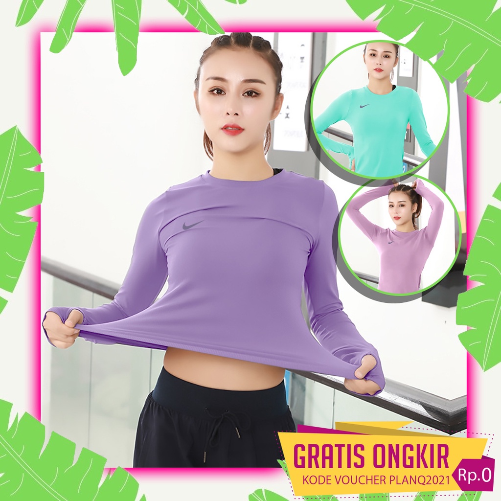 Atasan Olahraga Wanita Hijab Lengan Panjang Modis Baju Sport Korea Kaos Cewek Olahraga Gym Zumba Aer