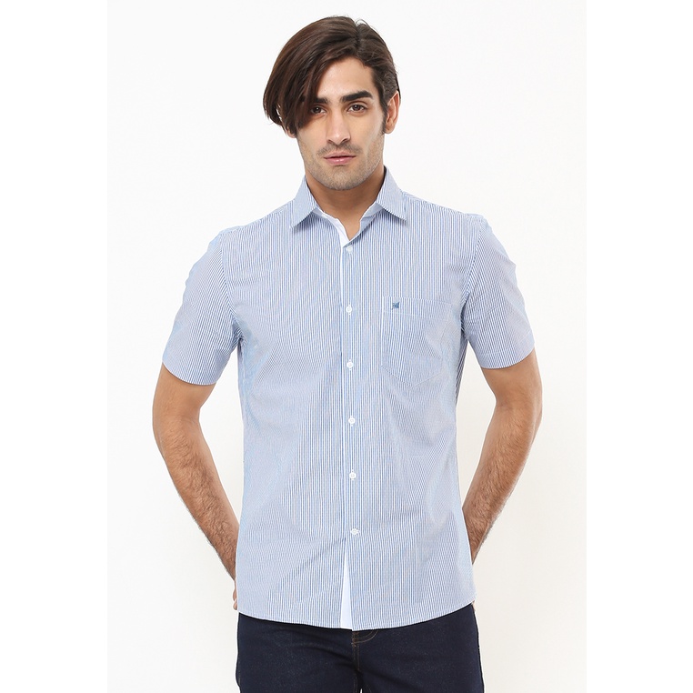 Johnwin - Kemeja Formal - Kemeja Pria - Kemeja Lengan Pendek - Reguler Fit - Biru Muda - Motif Salur