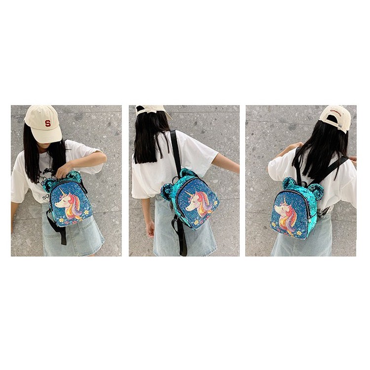 DODORY DDR1400 Tas Ransel Anak Sequin Glitter Karakter Unicorn Telinga Beruang