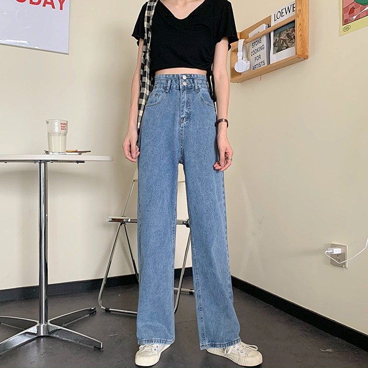 Celana Jeans high waist jeans celana panjang straight pants loose celana jeans wanita Korean Style Straight