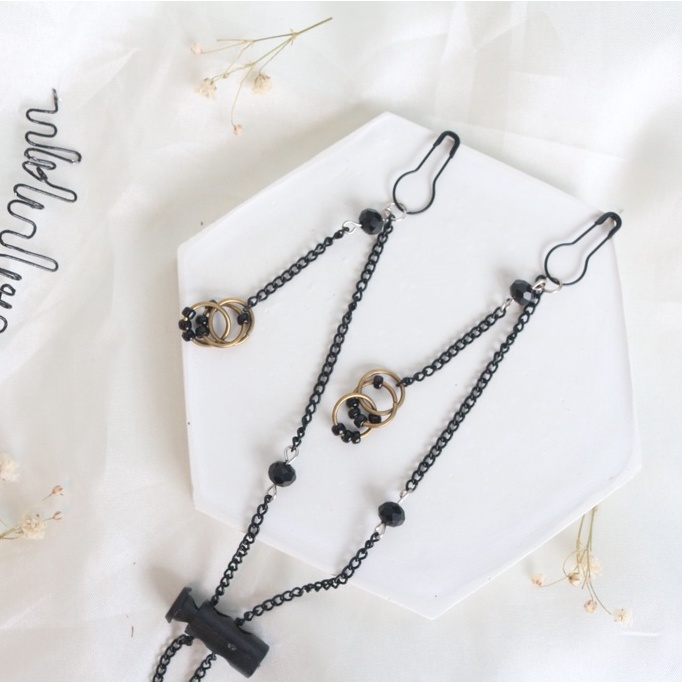 Strap Konektor Rantai Black Ring 2in1 by Pagi - Strap Masker Hijab - Serut Stopper - Transparan Tali Kalung Gantungan Masker - Asesoris Hijab - Strep