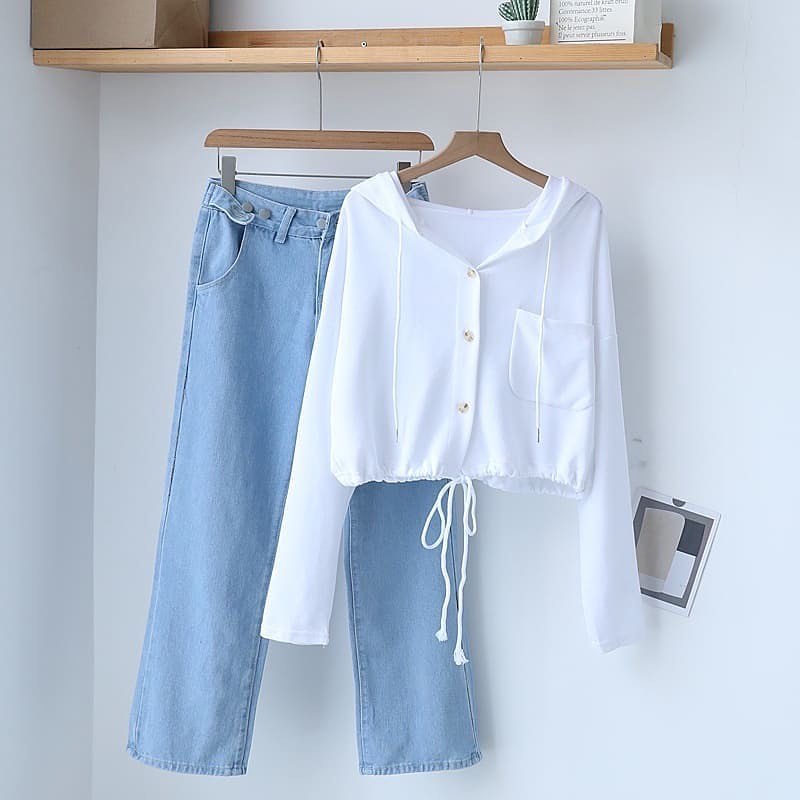 Sweater Wanita Delancy Hoodi Suiter Remaja korean Style Pakaian Cewek Switer Kekinian Putih Polos